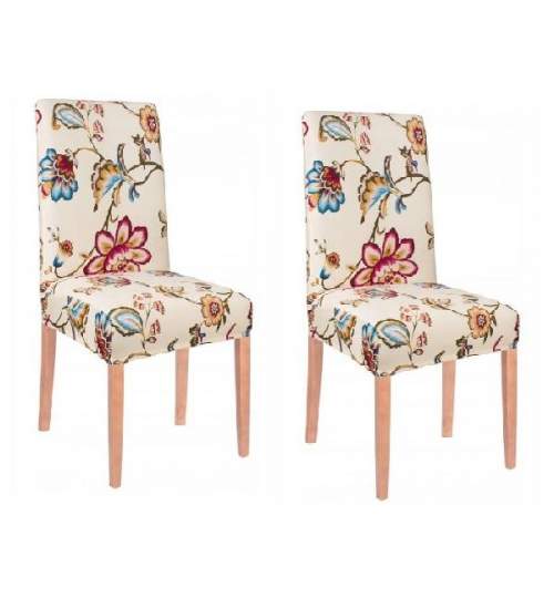 Set 2 huse scaun dining/bucatarie, din spandex, culoare crem cu motive florale