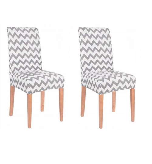 Set 2 huse scaun dining/bucatarie, din spandex, model Zig-Zag, culoare gri/alb