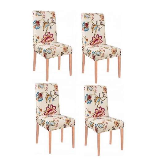 Set 4 huse scaun dining/bucatarie, din spandex, culoare crem cu motive florale