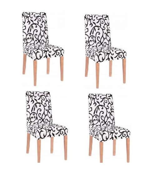 Set 4 huse scaun dining/bucatarie, din spandex, model frunze, culoare alb/negru