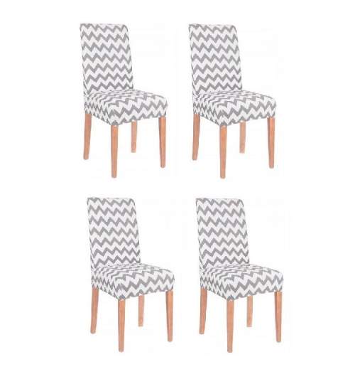 Set 4 huse scaun dining/bucatarie, din spandex, model Zig-Zag, culoare gri/alb