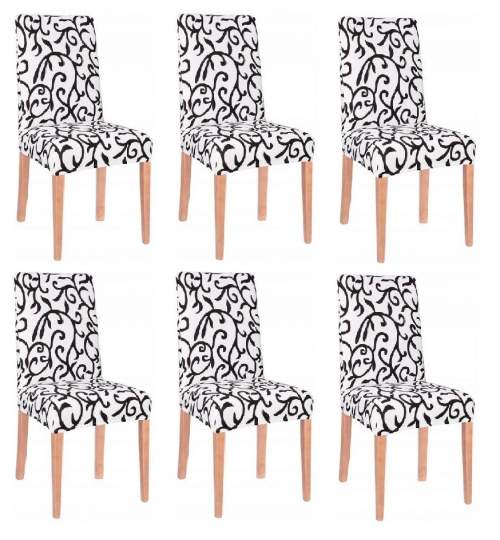 Set 6 huse scaun dining/bucatarie, din spandex, model frunze, culoare alb/negru