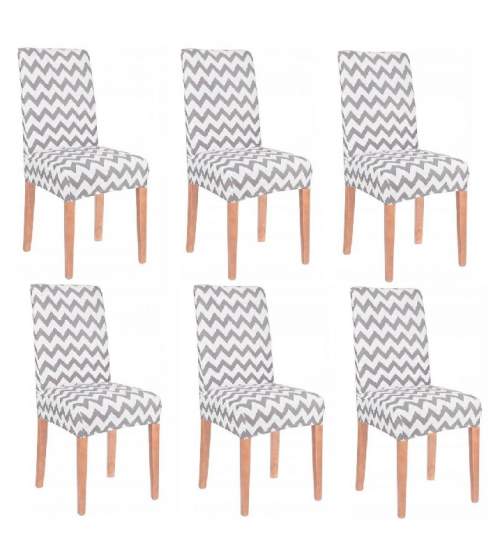 Set 6 huse scaun dining/bucatarie, din spandex, model Zig-Zag, culoare gri/alb