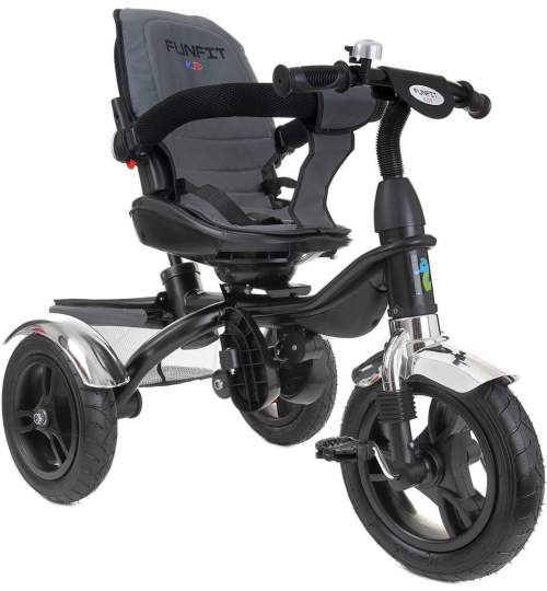 Tricicleta Carucior pentru copii cu scaun rotativ, copertina, cos, maner parental, suport picioare pliabil, culoare gri