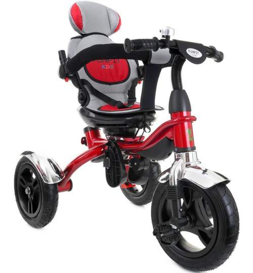 Tricicleta pentru copii cu scaun rotativ, copertina, cos, maner parental, suport picioare pliabil, culoare rosu