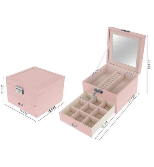 Cutie Caseta Organizatoare cu Oglinda si Sertar pentru Ceasuri, Bijuterii sau Accesorii, 9 Compartimente, Roz