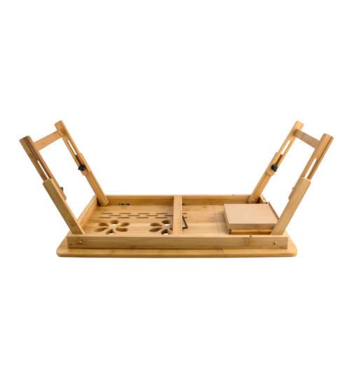 Masuta bambus pentru mic dejun sau laptop ajustabila, 2 ventilatoare, din lemn 62,5 / 34,5 / 26cm