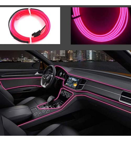 Fir cu neon pentru lumina ambientala auto, lungime 1m, culoare roz