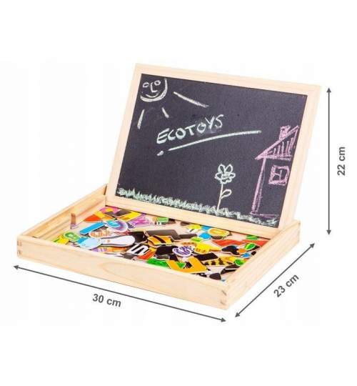 Set Tabla magnetica educativa pentru copii, din lemn, 3 in 1, cu elemente puzzle, 176 piese