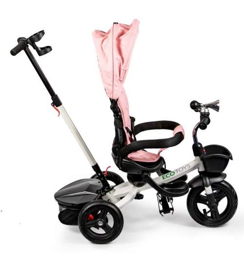 Tricicleta cu maner parental, copertina, 2 cosuri depozitare, centura si claxon, culoare roz