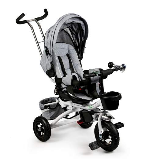 Tricicleta cu scaun rotativ, maner parental, copertina, cos depozitare, suport picioare, centura, culoare gri