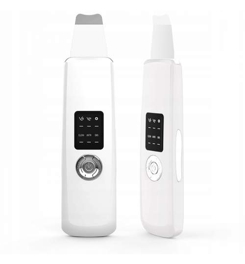Dispozitiv cu ultrasunete skin scrubber pentru curatare faciala, peeling, EMS, ecran LCD, alb
