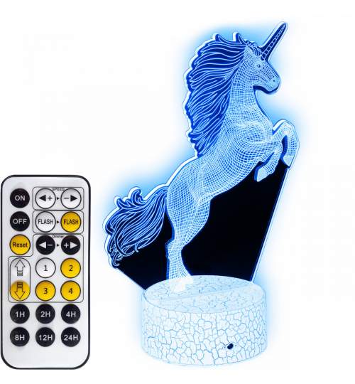 Lampa de veghe 3D LED cu telecomanda Unicorn, 7 culori, 22cm