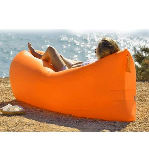 Saltea Gonflabila tip Sezlong Lazy Bag pentru Plaja sau Piscina, Umflare Rapida fara Pompa + Rucsac Depozitare, culoare portocaliu