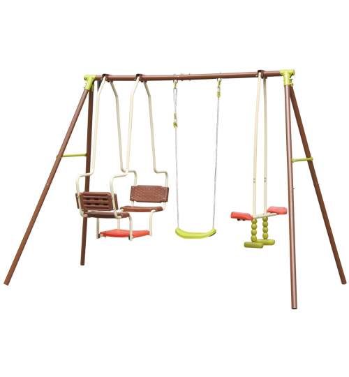 Complex loc de joaca pentru 1-5 copii, cu leagan dublu si individual, structura metalica, inaltime 195 cm