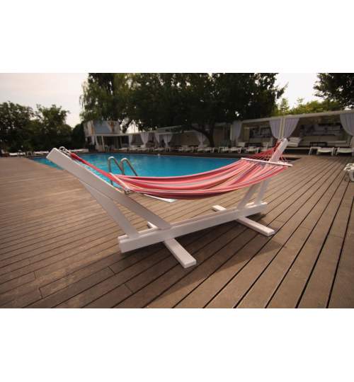 Set Suport Premium Alb + Hamac Rosu pentru 1 persoana, ideal pentru relaxare in gradina sau curte, dimensiuni 195x85cm, capacitate 150kg Mania Premium