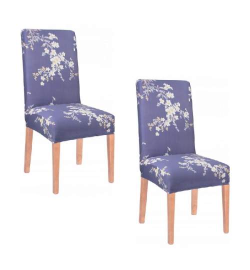 Set Husa scaun dining/bucatarie, din spandex, imprimeu floral, culoare albastru, 2buc/set