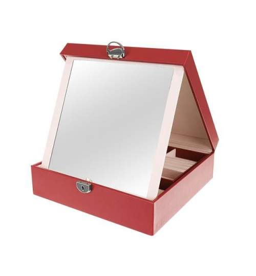 Cutie Caseta Organizatoare cu Oglinda pentru Ceasuri, Bijuterii sau Accesorii, 16 Compartimente, Visiniu