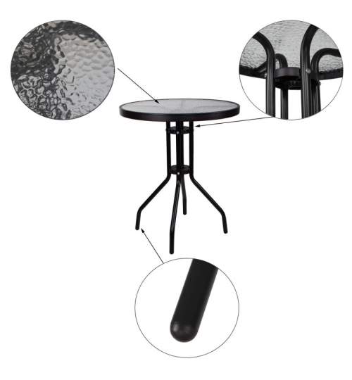 Masa rotunda din metal pentru terasa sau gradina, cu blat de sticla, diametru 60cm, culoare negru