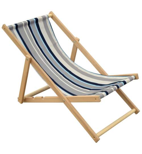 Scaun pliabil sezlong pentru plaja, gradina sau camping, cadru din lemn, culoare Gri/Albastru