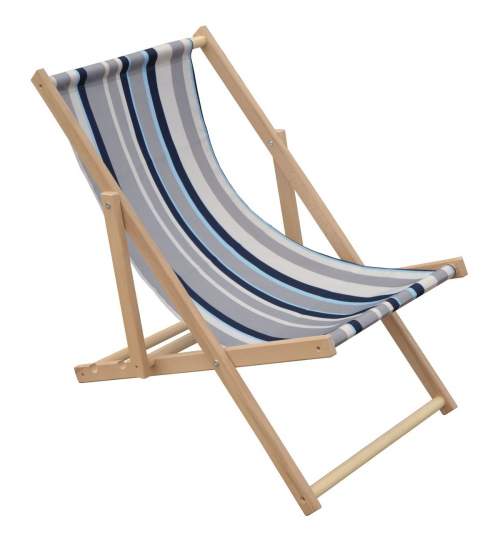 Scaun pliabil sezlong pentru plaja, gradina sau camping, cadru din lemn, culoare Gri/Albastru
