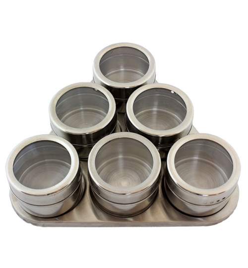 Set Recipiente din Inox pentru Condimente cu Suport Triunghi Magnetic, Diametru 6.5 cm, 6buc