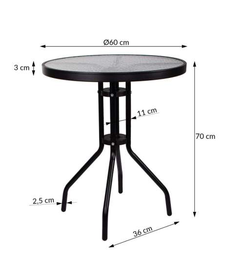 Set Masa rotunda din metal cu blat de sticla, diametru 60cm, culoare negru cu 4 scaune din ratan, culoare negru