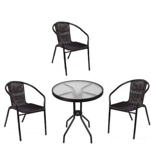 Set Masa rotunda din metal cu blat de sticla, diametru 60cm, culoare negru cu 3 scaune din ratan, culoare negru