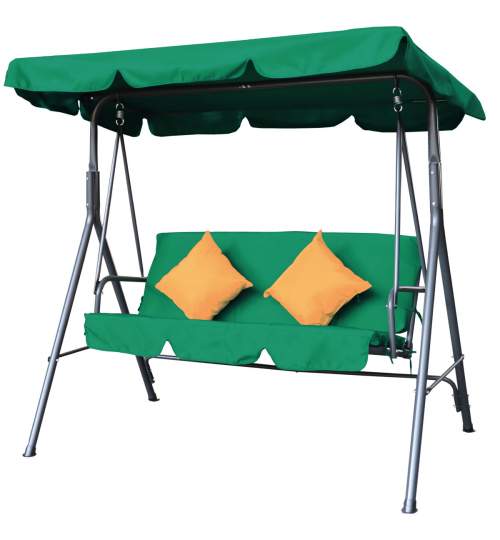 Leagan balansoar cu umbrela reglabila, cu 3 locuri si 2 perne, pentru terasa si gradina, culoare verde
