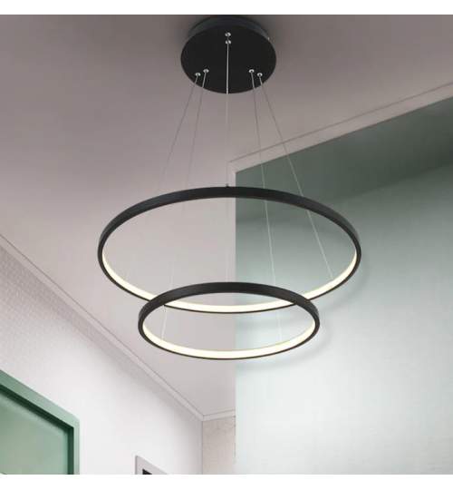 Lampa suspendata cu 2 inele LED, lumina rece, pentru living sau bucatarie, inaltime reglabila, 38W, negru
