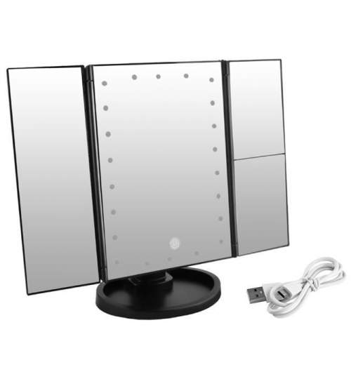 Oglinda Profesionala Reglabila pentru Machiaj si Cosmetica, cu 3 Oglinzi Laterale Pliabile, Iluminare Led si Touch, Negru