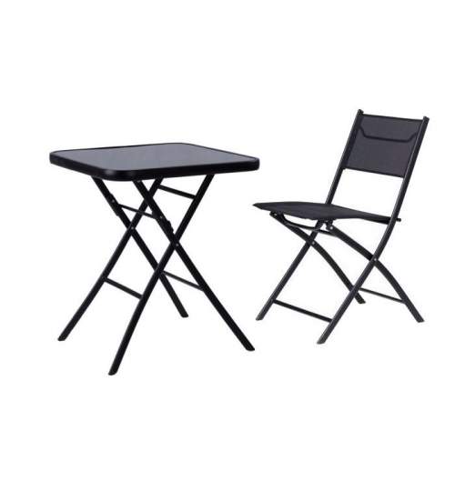 Set masuta pliabila, patrata, 60x60 cm cu scaun pliabil pentru terasa, gradina sau balcon, culoare negru