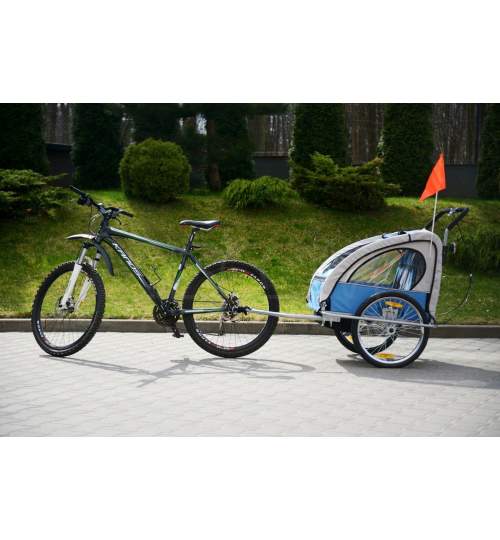 Carucior dublu. Remorca Bicicleta pentru Transport Copii 2in1. cu Roti gonflabile. Amortizor. Maner si iluminare LED. Albastru