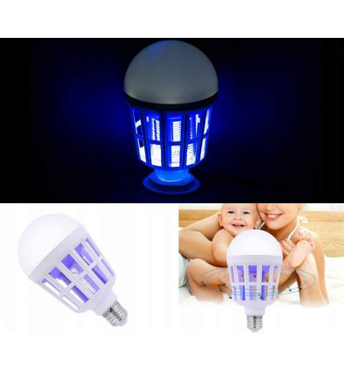Bec Led cu lampa UV anti-insecte 2 in 1, raza de actiune 40mp, dulie E27, 9W