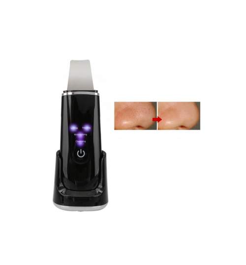 Dispozitiv cu ultrasunete skin scrubber pentru curatare faciala, EMS, cu 4 functii, incarcare wireless, negru