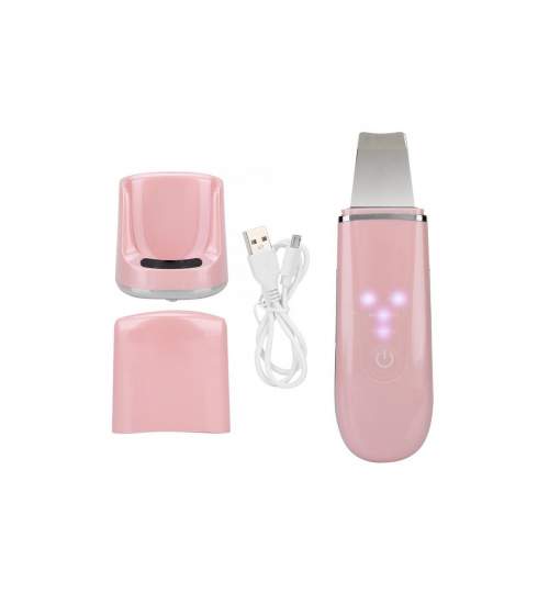 Dispozitiv cu ultrasunete skin scrubber pentru curatare faciala, EMS, cu 4 functii, incarcare wireless, roz