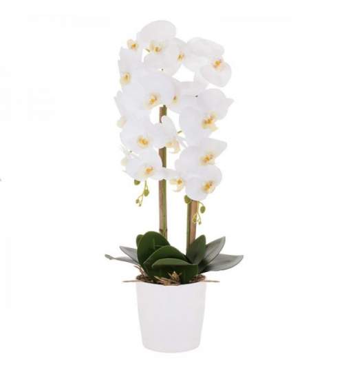 Aranjament Floral Orhidee Artificiala in Ghiveci cu 2 Tulpini, Aspect Natural, inaltime 70 cm, Culoare Alb
