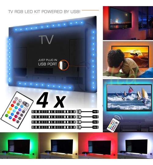 Set 4 x Banda LED USB pentru Iluminare Ambientala in Spatele Televizorului Backlight TV RGB, cu Telecomanda si Conectori, 4x50cm