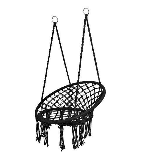 Leagan tip scaun rotund suspendat, pentru casa sau gradina, cu franjuri, 120kg, negru