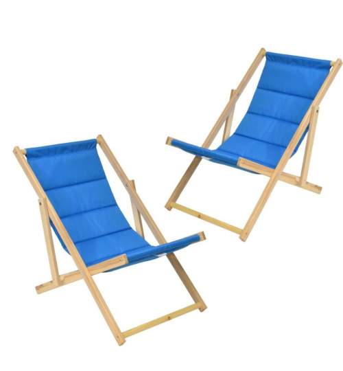 Set 2 Scaune pliabile tip sezlong pentru plaja, gradina sau camping, cadru din lemn, culoare Albastru