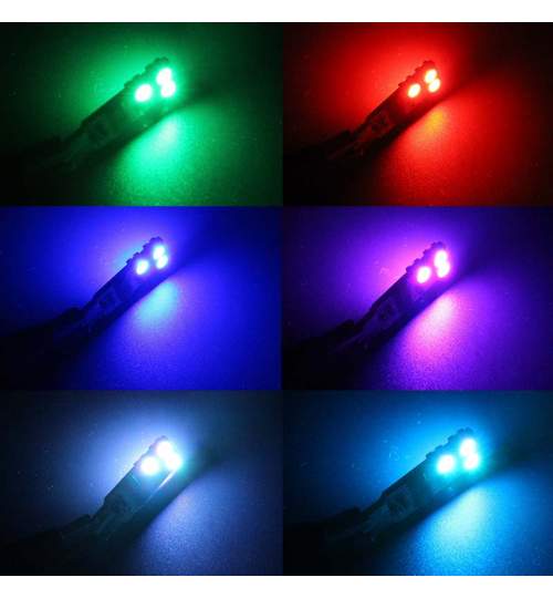Set 2 Becuri LED T10 Auto Pozitie 6 SMD, Multicolor RGB cu Telecomanda si Intensitate Reglabila