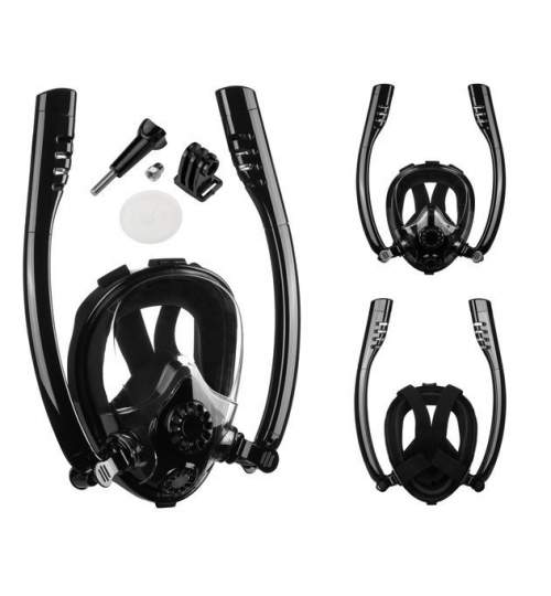 Masca Full Face pentru Snorkeling, Anti-Fog, cu 2 tuburi, suport GoPro, Marimea S/M, negru