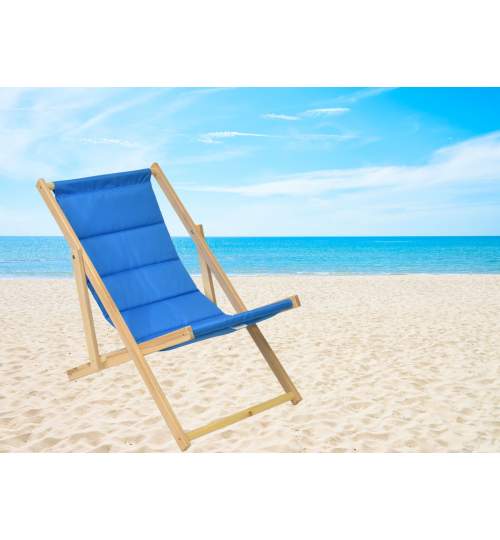 Set 2 Scaune pliabile tip sezlong pentru plaja, gradina sau camping, cadru din lemn, culoare Albastru