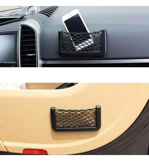 Suport Auto Tip Buzunar cu Plasa Elastica pentru Telefon sau Alte Obiecte, Adeziv 3M, 15x8cm