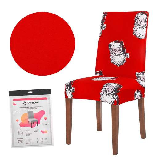 Husa cu Mos Craciun pentru scaun dining/bucatarie, din spandex, culoare rosu