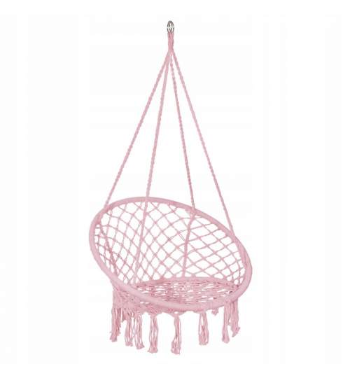 Leagan tip scaun rotund suspendat, pentru casa sau gradina, cu franjuri, capacitate 150kg, roz