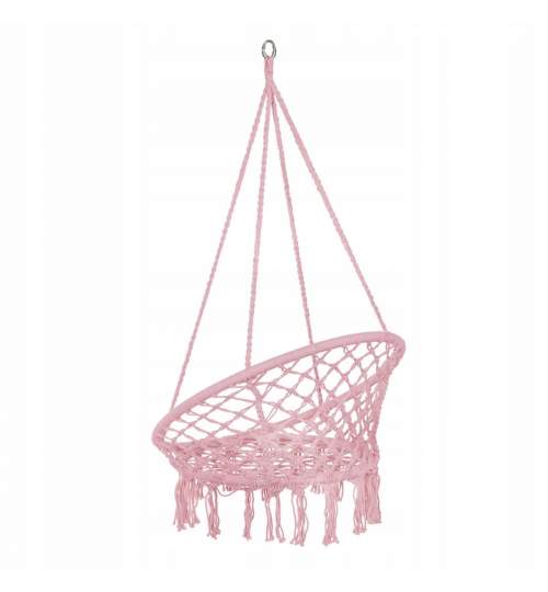 Leagan tip scaun rotund suspendat, pentru casa sau gradina, cu franjuri, capacitate 150kg, roz