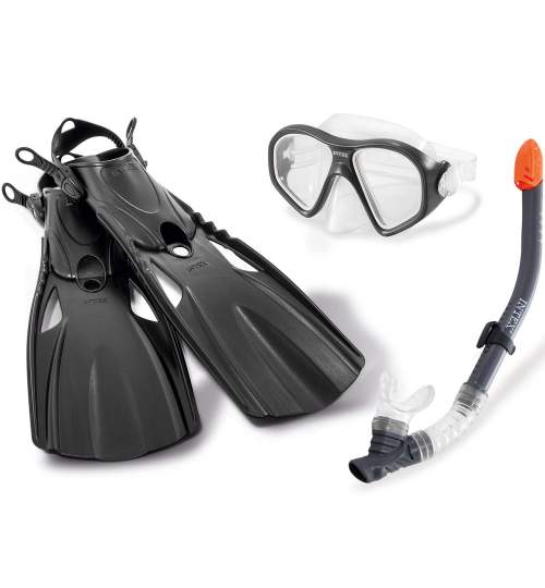Set pentru scufundari sau snorkeling Intex, cu ochelari, tub si aripioare de picioare, pentru adulti, negru