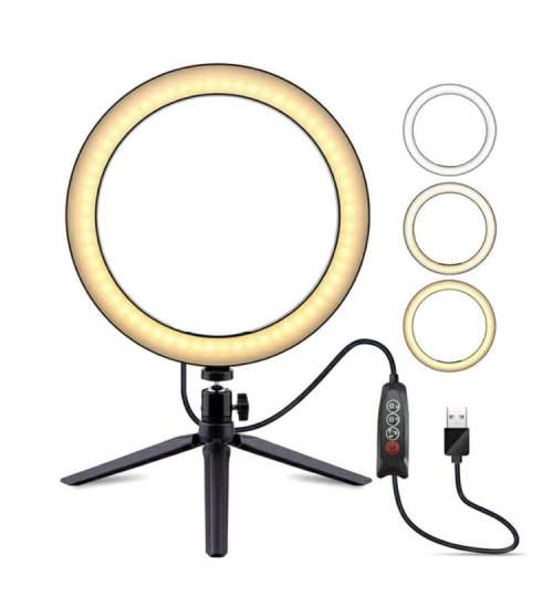 Lampa LED Selfie Ring cu trepied inclus, 3 trepte de lumina, 10 nivele de intensitate, diametru 16 cm