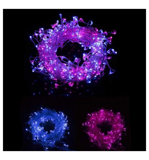 Instalatie luminoasa LED de Craciun, 300 led-uri, cu 8 functii, albastru + roz, 3m, 220V